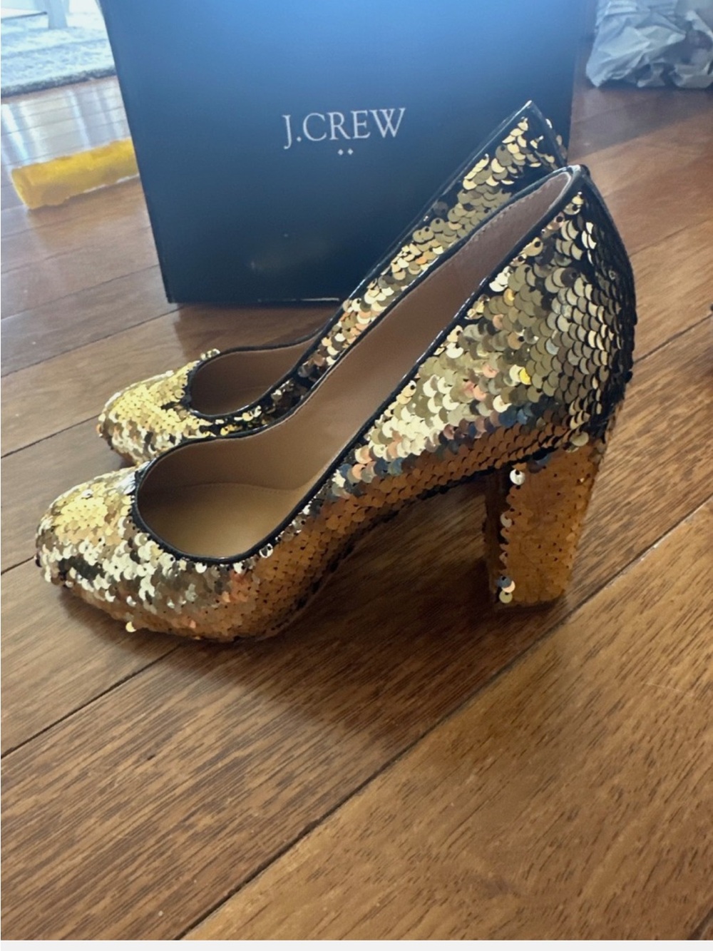 J. Crew Gold Sequin Block Heel Pumps